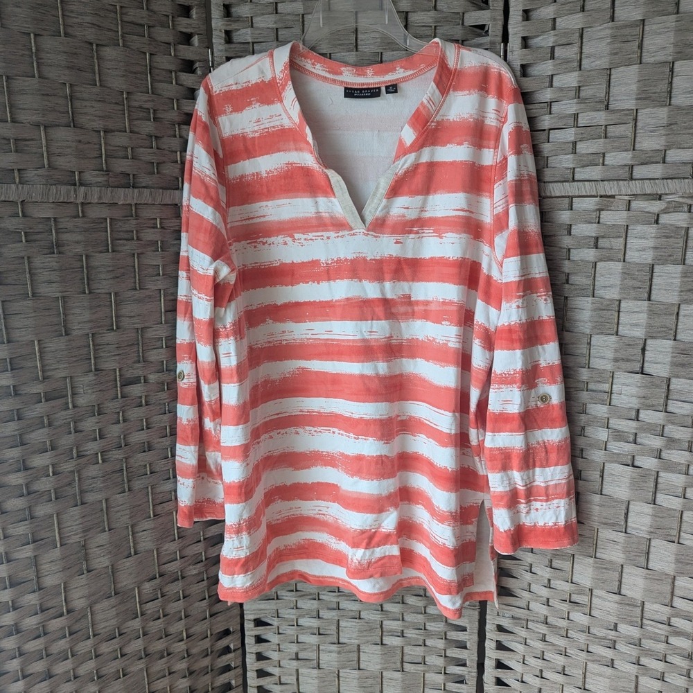 Susan‎ Graver Weekend Tunic Coral White Striped V-Neck Top XL Relaxed Cozy Beacy